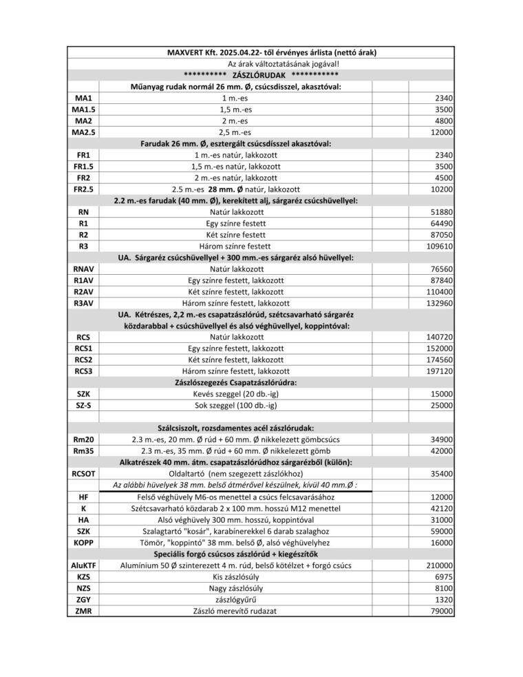 zászlórudak és kiegészítők netto árai MAXVERT Kft. Érvényes árlista a zászlórudakhoz, kiegészítőkhöz.